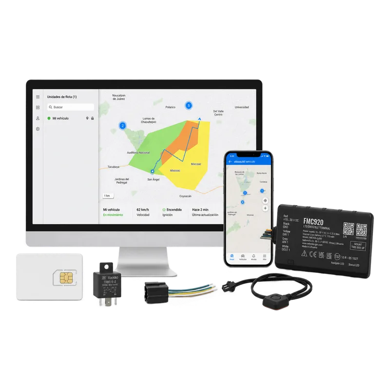 Kit Rastreador Vehicular 4G LTE CAT 1 y 2G/Bluetooth/Anualidad de SIM600MB1Y /Anualidad de EPCOMGPSCODE/ Relevador/boton SOS TELTONIKA FMC920KIT3