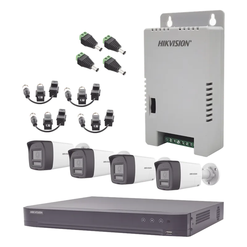 Kit Audio Bidireccional TurboHD 3K Real / DVR 4 Canales 4K / 4 Cámaras Bala (Exterior) con Bocina y Microfóno Integrado 3K / 1 Fuentes de Poder / Accesorios HIKVISION KH-4K-4B-TWA