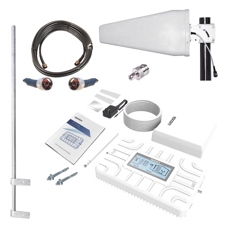 Kit PLUS de Amplificador de Señal Celular 5G / Penta Banda / Soporta 2G, 3G, 4G y 5G / Compatible con TELCEL, AT&T, MOVISTAR y OMV / Cobertura hasta 250 m2 / Incluye Antenas, Jumpers coaxiales y mástil. EPCOM EP-5G-PBT-PLUS