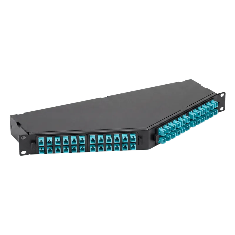 Panel de Fibra Óptica de Alta Densidad, Para Fibra Multimodo OM4, Con 8 Cassettes de 12 Conectores LC a 1 MPO Angulados (96 Fibras), de 19 in PANDUIT F1ASZO-9612-10S