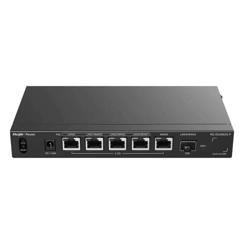 Router Balanceador con Función SD-WAN, PoE+ hasta 110 Watts, Hasta 5 Servicios de Internet y hasta 400 clientes con desempeño de 2.5 Gbps, un puerto SFP+ 10G RUIJIE RG-EG406XS-P