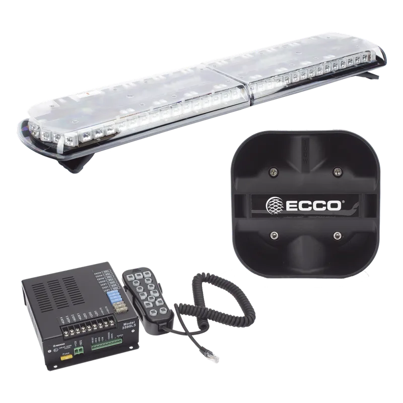 Kit de Sirena Vehicular H2 Covert, Bocina de uso rudo y Torreta 48" Serie 12 con 130 LED, dual color rojo/azul/claro/ambar, ideal para equipar unidades de policia ECCO 12TR48KIT130
