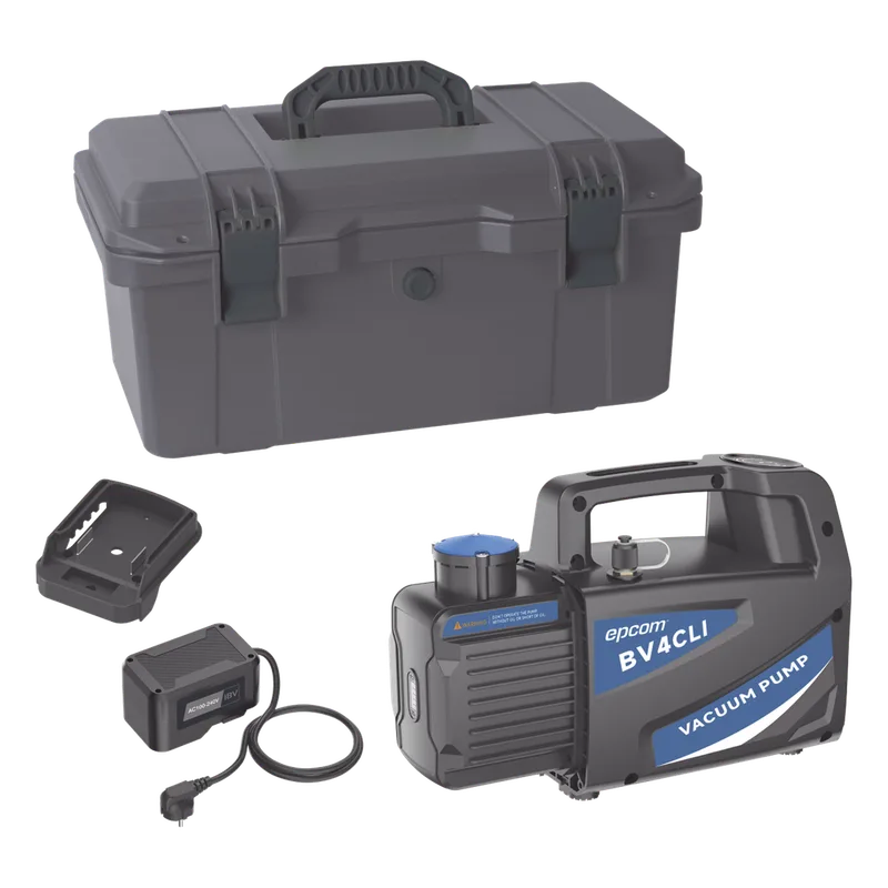 Bomba de Vacío Inalámbrica KBV4 / 18V Ion-Litio / Vacío Total 160 microns / Caudal 4 CFM (114 L/min) / Capacidad Aceite 330 ml / Portátil 4.5 kg / Compatible AEG-RIDGID-Milwaukee / Tiempo Operación 45-60 min EPCOM KB-V4