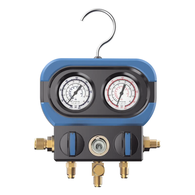 Manifold de 2 Válvulas AMAA para Refrigeración / Compatible con R22, R32/R410A, R404A, R407C / Escala de Manómetro Multigas / Interfaz 5/16" SAE / Rango de Vacío -30 inHg / Presión Máxima 500 psi / Resistente EPCOM AM-AA