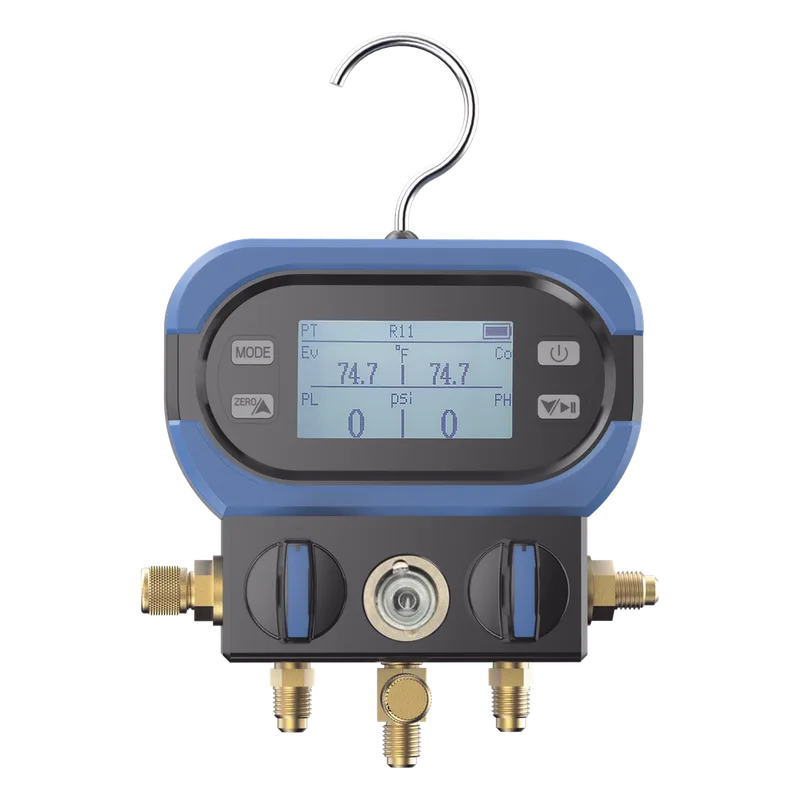 Manifold Digital DMAA 2 Válvulas / Sensor Digital Alta Precisión / Pantalla LCD Retroiluminada / Rango -14 a 800 psi (55 bar) / Compatibilidad Múltiples Refrigerantes / Diseño Anti-Caídas / Incluye 3 Mangueras y Adaptado EPCOM DM-AA