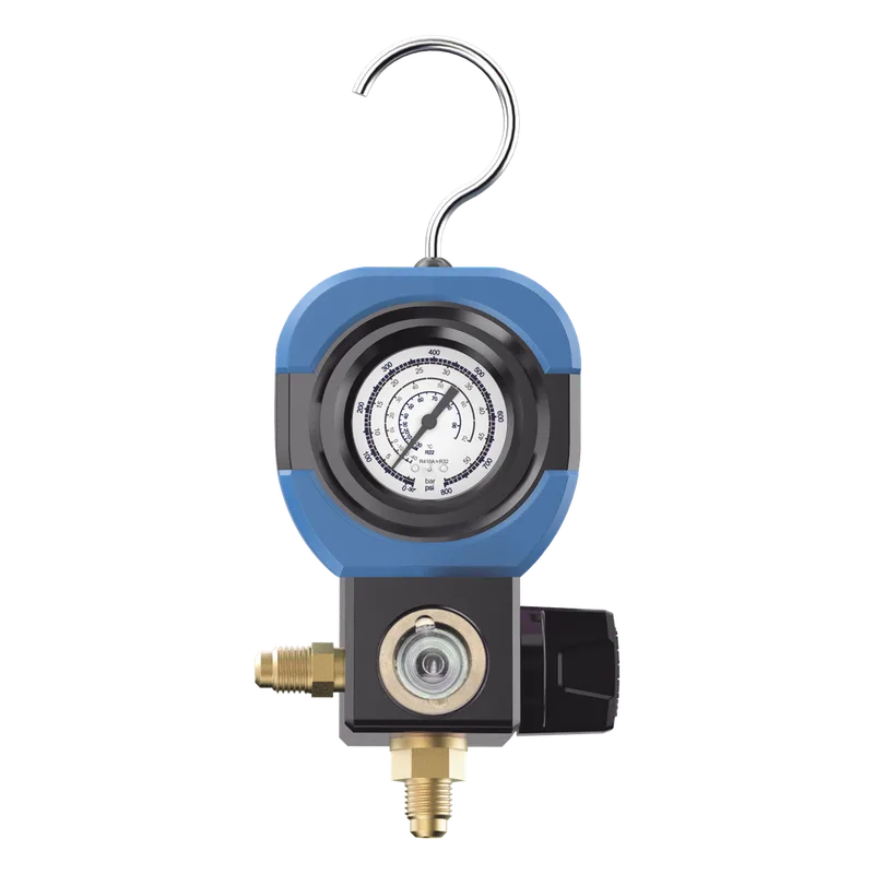 Manifold de Refrigeración AM1V 1 Válvula / Escala Compatible R22 R32/R410A R404A R407C / Interfaz 1/4" SAE / Diámetro 90 mm / Rango de Presión -30 inHg - 500 psi / Diseño Integrado Resistente a Impactos EPCOM