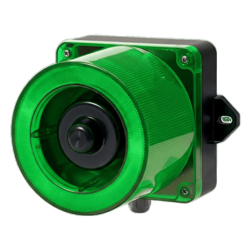 Combinacion de baliza LED color Verde y sirena electrónica de 31 tonos resistente a la intemperie de volumen máx. 123 dB a 12-24 VCD QLIGHT QWCD50-012024-G-LC
