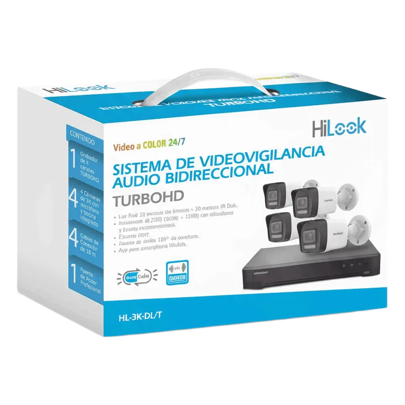 [Dual Light] Kit TurboHD 3K (5 Megapixel Lite) / DVR 4 Canales / 4 Cámaras bala Dual Light / Audio bidireccional / Accesorios de Interconexión / Fuente de Poder HiLook by HIKVISION HL-3K-DL/T