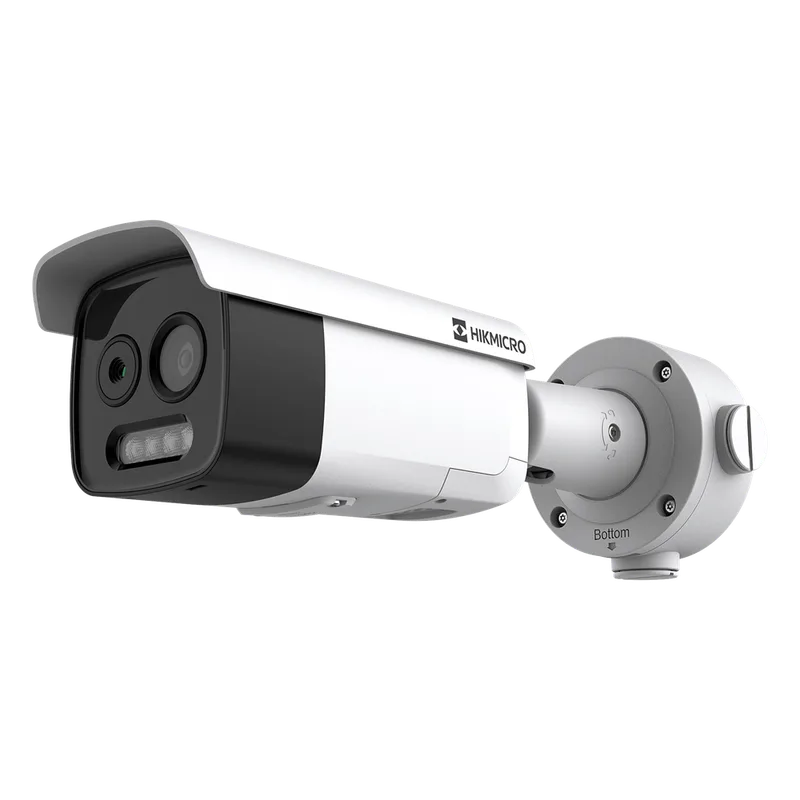 (HIKMICRO) Bala IP Bi-Espectral / Térmica (256 X 192 / 9.7 mm) + Óptica (5 MP / 12.4 mm) / IA GUANLAN / Rango: -20°C a 150°C / 8°C Margen / Detección de Fuego y Humo / Alarma Visual y Audible / Dual Light / PoE / IP67 / IK HIKVISION HM-TD2628-10/G1/T3A