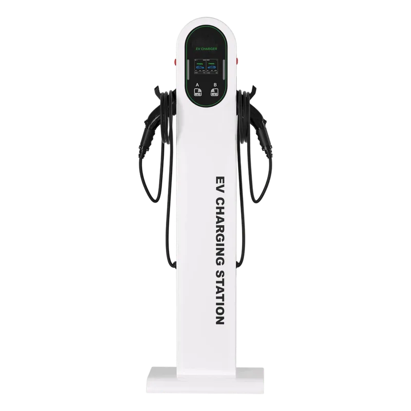 Estación de Carga para Vehículos Eléctricos / Tipo Pedestal / Doble Conector Tipo 1 (SAE J1772) / 48 A / 11.5 kW por Puerto / Pantalla LCD 4.3 in (10.9 cm) / RFID / Protección IP54 / Chasis SGCC Galvanizado GREENC S03US48A02