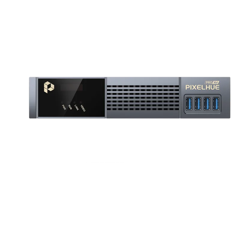 Procesador AVoIP Dual-Streaming / Encoding y Decoding Integrado / Algoritmo InstSight + H.264/H.265 / 1G Ethernet + Fibra Óptica SFP / KVM Multi-Plataforma / PoE+ / 8 Capas 1080p / Sincronización Nanosegundo PIXELHUE PD3-2K