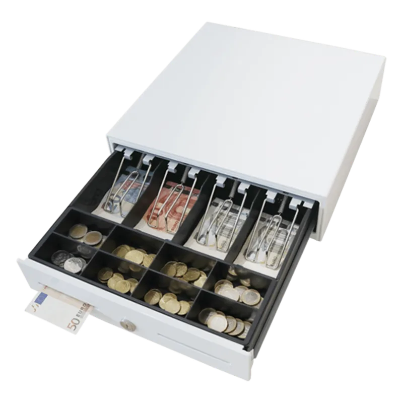 Cajón para Efectivo / Serie MK / Compacto 330 mm / 4 Billetes + 8 Monedas / Apertura RJ12 / Clips Metálicos / Punto de Venta MAKEN MK330