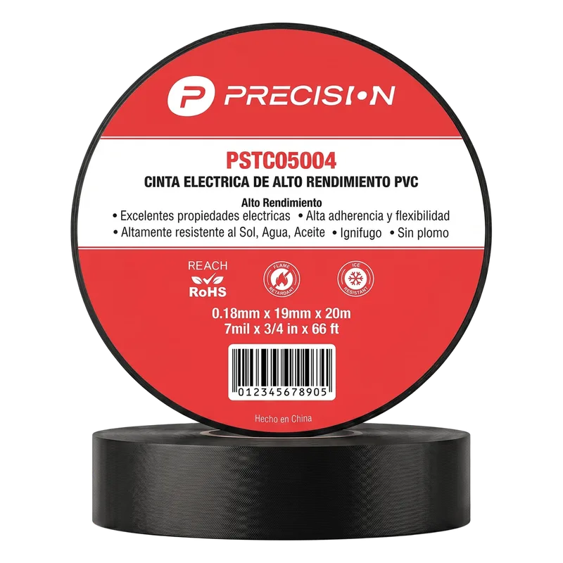 Cinta de aislar de alto rendimiento / Espesor 0.18 mm / Ancho 19 mm / 20 m de Largo / Instalaciones eléctricas y mantenimiento / Color Negro PRECISION PST-C050-04