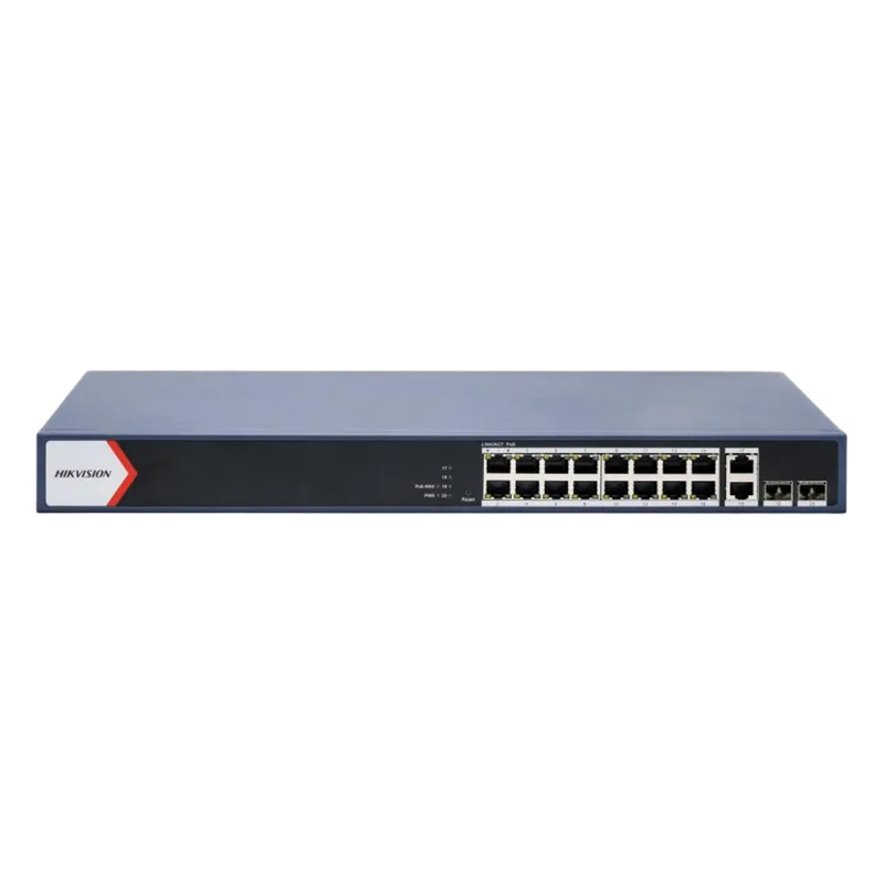 Switch PoE+ / Administrable / 16 puertos 1000 Mbps PoE+ / 2 Puertos 1000 Mbps Uplink / 2 Puertos SFP de Uplink / Configuración Nube Hik-Partner Pro / Modo Extendido hasta 300 metros / 230 W HIKVISION DS-3E1520P-EI