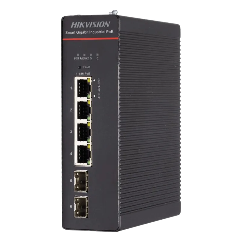 Switch Industrial / Administrable Gigabit / 4 Puertos Gigabit HiPoE (90 W) / 2 Puertos SFP / 300 W Total / 48 a 57 VCD / Ideal para Proyectos / 300 Metros de Distancia HIKVISION DS-3T1506HP-SI-4P2F