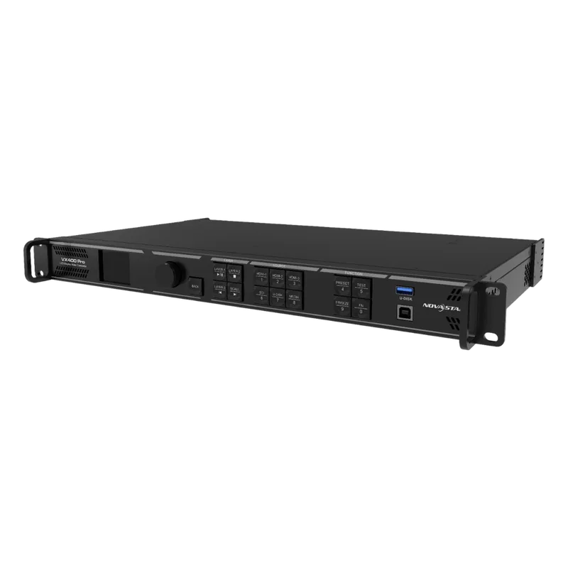 Controlador All-in-One VX400 Pro / Procesamiento de Video 4K×2K@60Hz / 4 Puertos Ethernet Gigabit / 2.6 Millones de Píxeles / 6 Capas de Video / Fibra Óptica 10G / USB 3.0 Playback / Control Remoto NOVASTAR VX400PRO