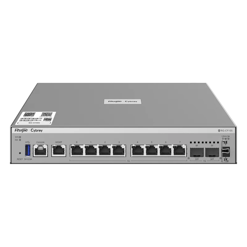 Firewall Next Generation / Empresarial / Alto Rendimiento 7 Gbps / Protección de Amenazas 500-700 Mbps / Gestión Cloud / 8 Puertos RJ45 + 2 SFP / Rack 1U / AI-Powered Security / Línea Cybrey RUIJIE RG-CF10S