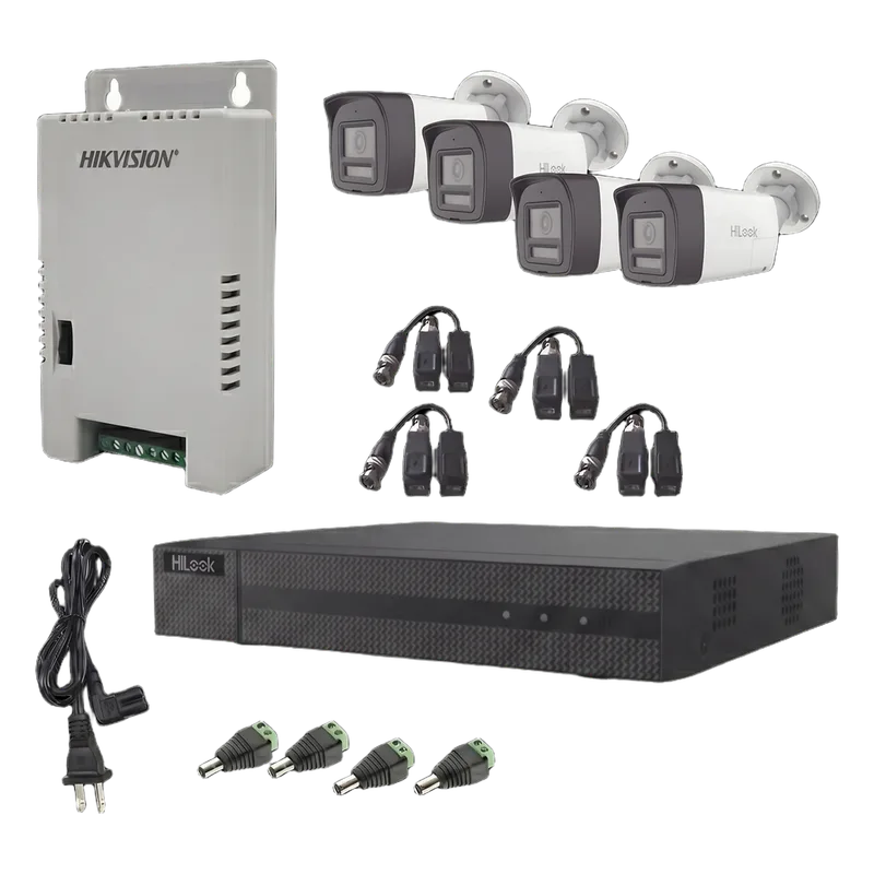 Kit HiLook Audio Bidireccional TurboHD 1080p / DVR Metalico 4 Canales / 4 Cámaras Bala (Exterior) con Bocina y Micrófono Integrado / 1 Fuente de Poder / Accesorios HiLook by HIKVISION HL-2080P-4B-TWA