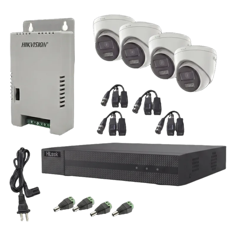 Kit HiLook Audio Bidireccional TurboHD 1080p / DVR Metalico 4 Canales / 4 Cámaras Eyeball (Exterior) con Bocina y Microfóno Integrado / 1 Fuente de Poder / Accesorios HiLook by HIKVISION HL-2080P-4E-TWA