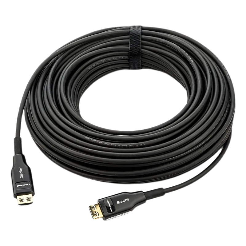Cable Optico HDMI Híbrido | 4K@60Hz 18 Gbps | 30 m | Fibra OM3 + Cobre | LSHF | Bañado Oro 24K | HDCP 2.2 | HDR | ARC | CEC KRAMER CLS-AOCH/60F-98