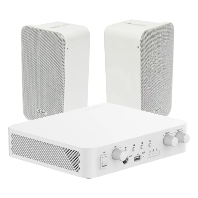 Kit de amplificador con bluetooth | 2 altavoces para pared | Sistema 100V | 2 Canales con Control de volumen Independiente | Música Ambiental HIKVISION DS-QAE-KIT-0420G