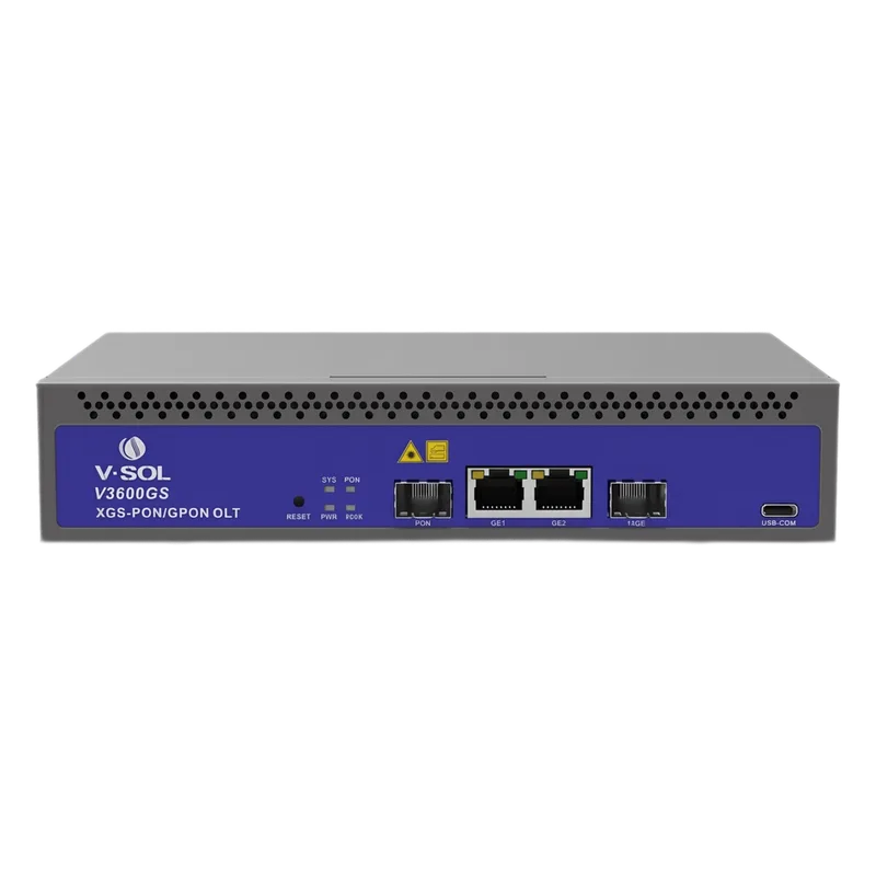 OLT de 1 puerto Combo GPON/XG(S)PON con 3 puertos Uplink (2 puertos Gigabit Ethernet + 1 puerto SFP/SFP+), hasta 128 ONU/ONT V-SOL V3600GS