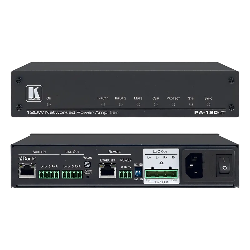 Amplificador de Potencia | 120W | Dante | DSP Integrado | Hi-Z 70V-100V | Lo-Z 4&Omega;-8&Omega; | RS-232 | Control IP KRAMER PA-120NET
