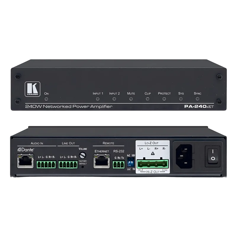 Amplificador de Potencia | 240W | Dante | Hi-Z Lo-Z Seleccionable | DSP Integrado | 32 bits 96 kHz | RS-232 IP Control KRAMER PA-240NET