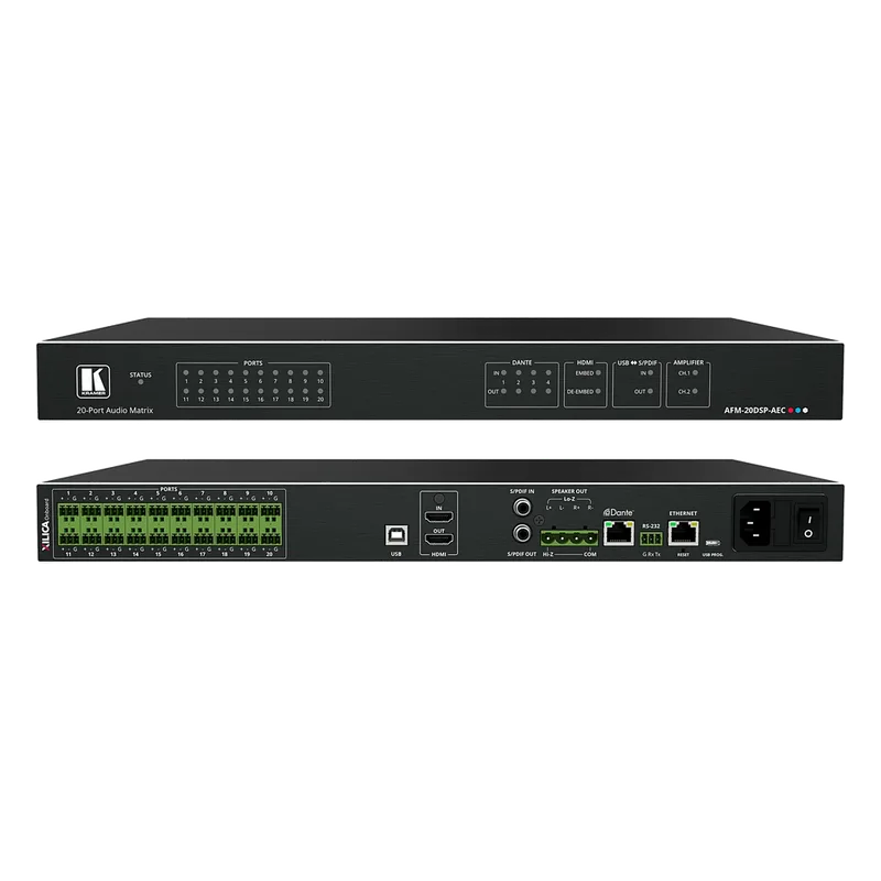 Matriz de Audio Digital | 20 Puertos Analógicos Configurables | DSP Multicanal | AEC | Amplificador 2x60W + 1x120W | Dante 4x4 | HDMI 4K60 | USB Plug & Play | Montaje Rack 1U KRAMER AFM-20DSP-AEC