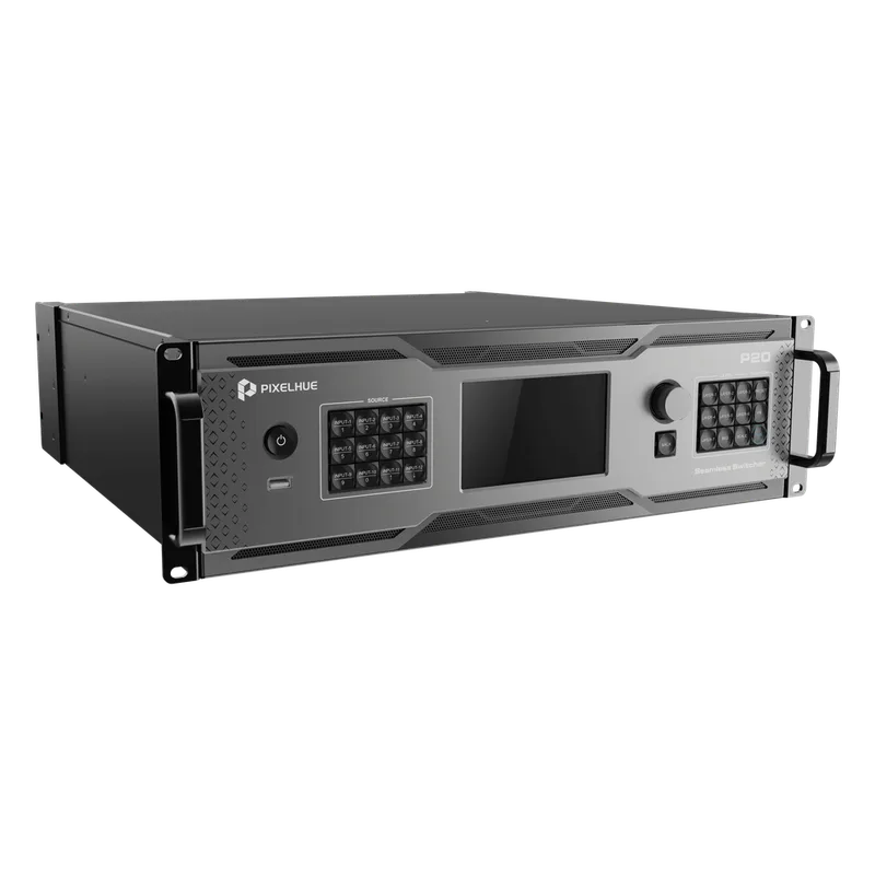 Switcher de Presentación 4K / Hasta 12 Capas DL (2 MAIN + 10 PIP) / 10G Fibra Óptica 10 km / HDMI 2.0 DP 1.2 12G-SDI / Modos Duales Switcher y PGM / Dante Audio 32x32 / Multiviewer Dedicado / Backup Automático PIXELHUE P20