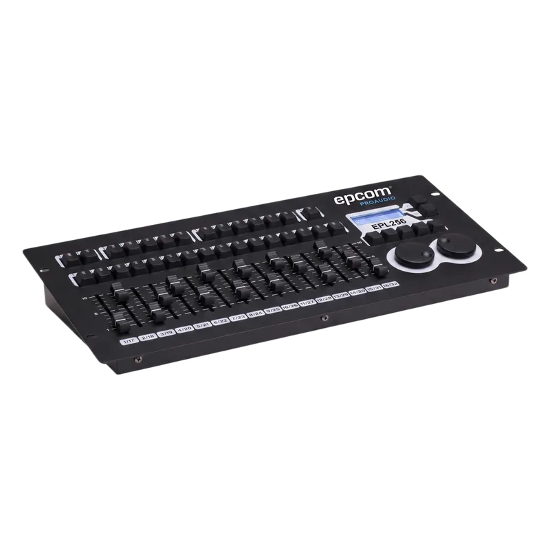 Controlador de Iluminación DMX Profesional / 256 Canales DMX512 / 16 Fixtures Simultáneos / Generador de 135 Shapes Integrados / 80 Playbacks con Control HTP-LTP / 2 Puertos DMX Aislados Ópticamente / Montaje en Rack EPCOM PROAUDIO EPL256