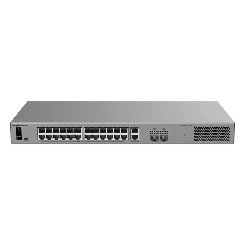 Switch Layer 2 Smart Cloud Managed / 28 Puertos Gigabit / 24 Puertos PoE+ 370 W / Switching 56 Gbps / Forwarding 41.664 Mpps / Montaje Rack / CCTV Mode / ERPS / Protección 6 kV / Garantía 3 Años RUIJIE RG-ES228GS-P-V2
