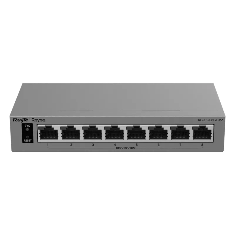 Switch Gigabit Smart Cloud-Managed / 8 Puertos 10/100/1000BASE-T / Capa 2 / Switching 16 Gbps / AI-Powered Failover / Modo CCTV Un-Click / Gestión Cloud Ruijie & App Reyee / Diseño Fanless / Gabinete Metal / Protección Surge 6 kV RG-ES208GC-V2