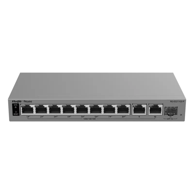 Switch PoE Gigabit Smart Cloud-Managed / 11 Puertos / 8 Puertos PoE+ 120 W / 1 Puerto SFP Uplink / Capa 2 / Diseño Sin Ventilador / Protección 6 kV / Gestión Cloud de por Vida / Metal RUIJIE RG-ES211GS-P