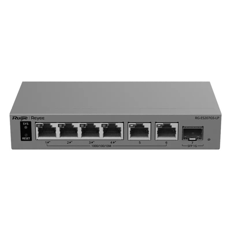 Switch Gigabit Smart Cloud Managed PoE+ / 7 Puertos (4 PoE+ 40 W) / 1 SFP Gigabit / Capa 2 / Gestión Cloud / Modo CCTV / Protección 6 kV / Fanless / Gabinete Metálico RUIJIE RG-ES207GS-LP