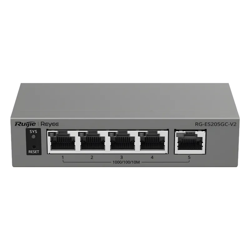 Switch Capa 2 Gestionado en la Nube / 5 Puertos Gigabit / Switching 10 Gbps / Forwarding 7.44 Mpps / Diseño sin Ventilador / Protección 6 kV / Modo CCTV de un Clic / 32 VLANs / Gabinete Metálico / Ruijie Cloud RG-ES205GC-V2