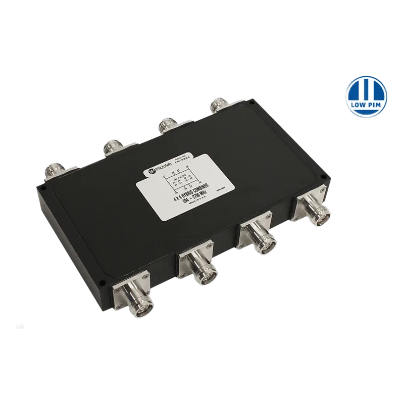 Combinador Híbrido 4x4 Wideband / 617-2700 MHz / 150W por Entrada / Aislamiento 23 dB / Bajo PIM -161 dBc / IP68 Exterior / Conectores 4.3-10 MICROLAB CM-88KE