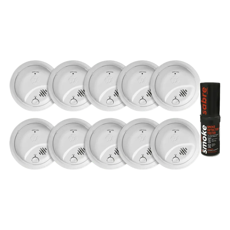 Kit de 10 Detectores de Humo Autónomos FIRST ALERT por Ionización / Alarma 85 dB / Botón Prueba y Silencio / Probador SABRE SDI 1046832KSABRE