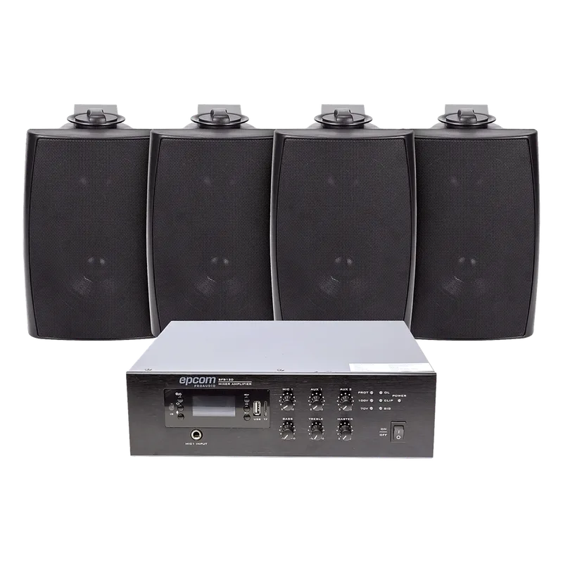 KIT de Amplificador de 240W para Escritorio | 4 Altavoces de Pared color Negro 2.5W - 20W | Sistema 70/100V EPCOM PROAUDIO SFB240/4WS