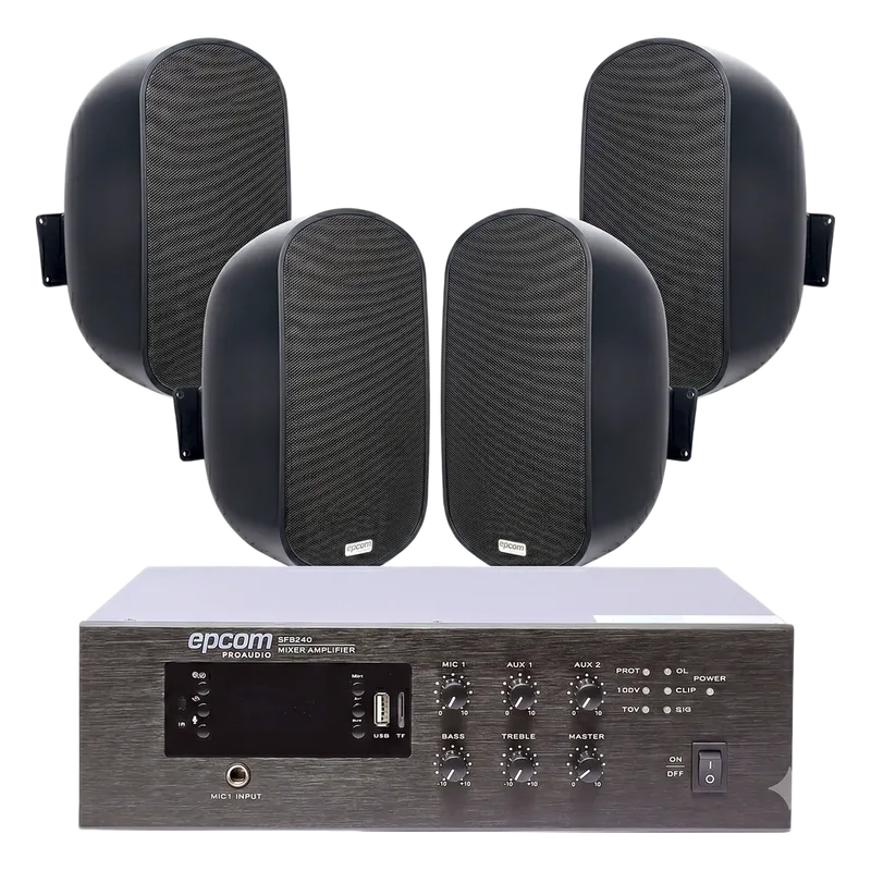 KIT de Amplificador de 240W para Escritorio | 4 Altavoces de Pared color Negro 3W - 50W | Sistema 70/100V EPCOM PROAUDIO SFB240/4WS50