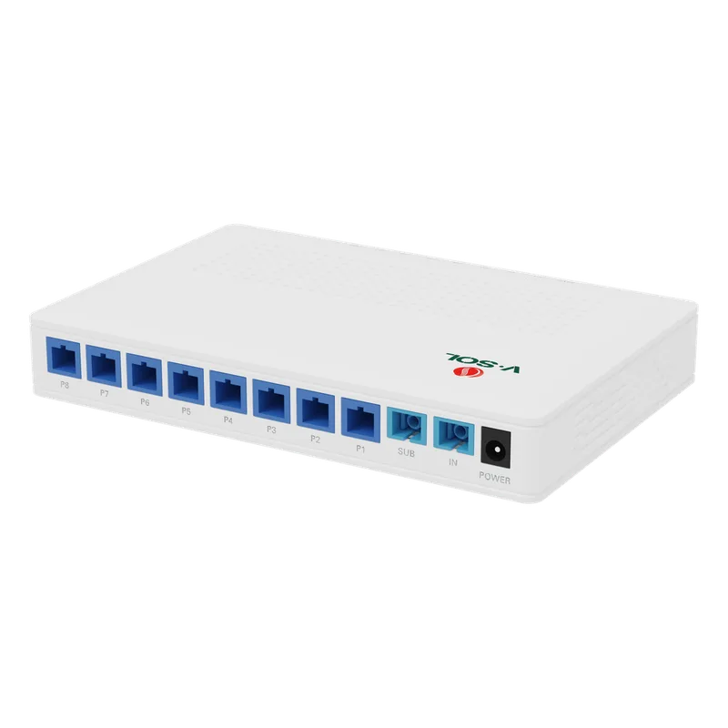 Splitter Activo 1x8 para Alimentación de 8 Dispositivos POF, 1 Puerto de cascadeo para continuidad, puertos SC/UPC V-SOL V1809PU