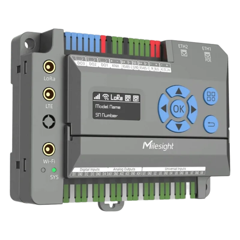 Gateway IoT LoRaWAN para Automatización de Edificios / Quad-Core 1.5 GHz / 8 Canales LoRaWAN / 2,000 Dispositivos / Edge Computing / 4G LTE / KNX + BACnet + Modbus / RS485 + M-Bus MILESIGHT EG71-L08GL-915M