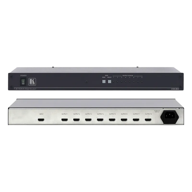 Amplificador de Distribución HDMI | 1 Entrada a 8 Salidas | 6.75 Gbps (2.25 Gbps por canal) | HDCP | Deep Color | x.v.Color | Lip Sync | CEC | 3D Pass-through | I-EDIDPro™ | Ecualización y re-Klocking™ | Indicadores LED | Rack 19 KRAMER VM-8H