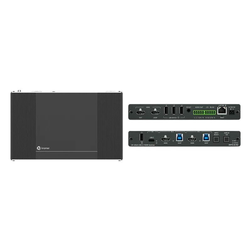 Auto-Switcher | 1 USB-C + 2 HDMI/USB Inputs | HDMI Output | USB 3.2 Switching | 4K@60Hz | HDCP 2.3 | PoE | MegaTOOLS Enclosure KRAMER SWT3-31-HU