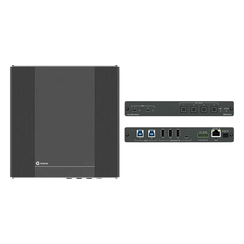 Switcher USB 3.2 | 2 Hosts USB-C con PD 3.0 | 2 Hosts USB-B | 4 Puertos USB Periféricos | Conmutación Automática | Control IP y RS-232 | PoE | Alimentación 20V DC 80W | MegaTOOLS™ Fan-less KRAMER SWT3-41-U