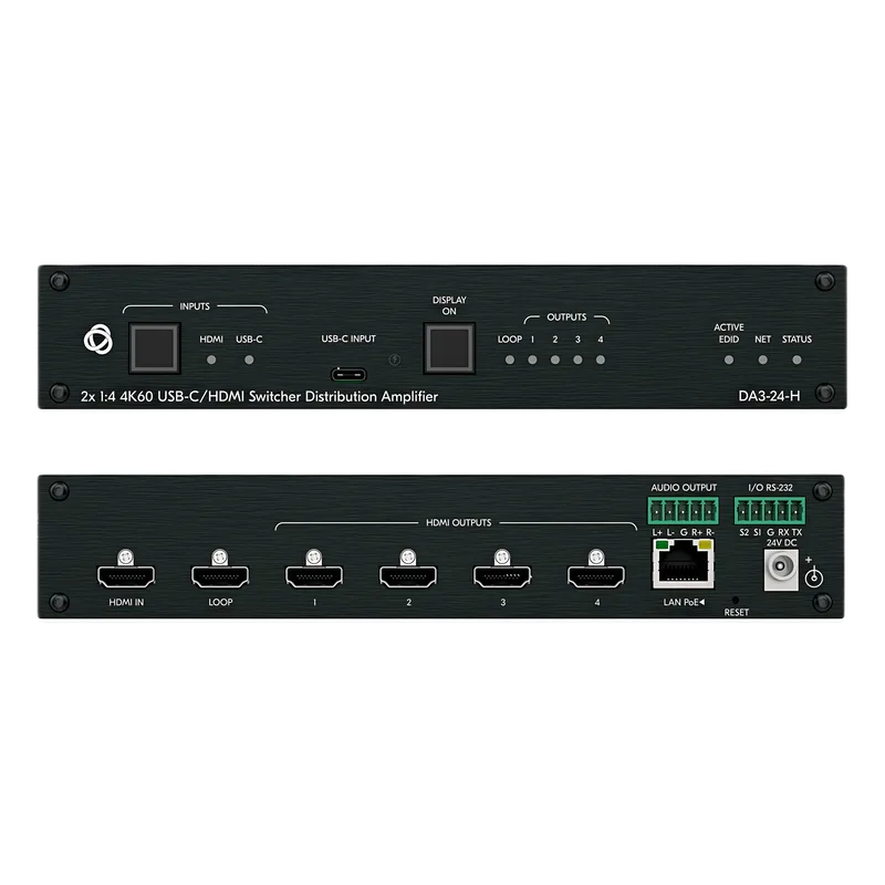 Distribuidor y Switcher 2x1:4 | 4K@60Hz 4:4:4 | HDMI 2.0b | HDCP 2.3 | 18Gbps | EDID Inteligente | Escalado Automático | Audio Analógico | RS-232 | Alimentación 20 VDC | Montaje en Rack 1U | 21.46 cm x 16.30 cm x 4.36 cm (8.45 in x 6. KRAMER DA3-24-H