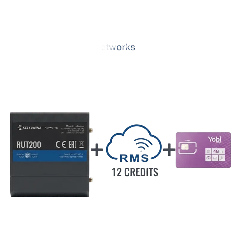 Router Teltonika LTE/4G RUT200 + 12 creditos RMS + SIM de YOBI de 1GB por Mes durante un año de servicio (solo datos) RUT200+1YRMS+1GBYOBI