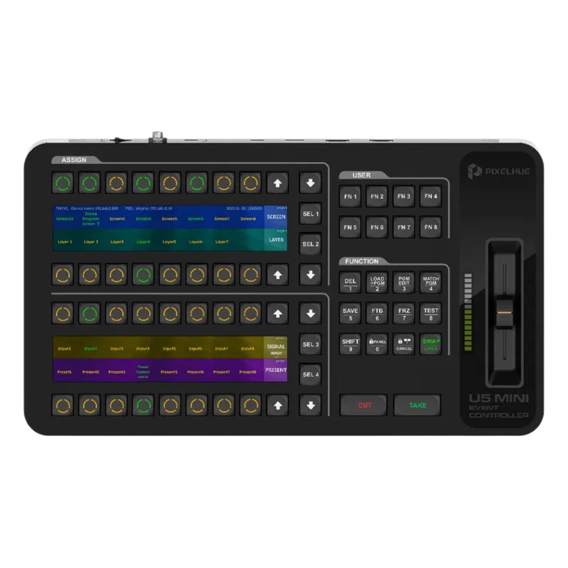Controlador de Eventos Compacto U5MINI / Pantalla Táctil Principal 21.5" / Pantalla Inteligente 8" / 87 Botones LCD Programables / 4 Encoders y 8 Faders / Control MIDI y KVM / Diseño Plegable / Software PixelFlow / HDMI 2.0 / 12G-S PIXELHUE
