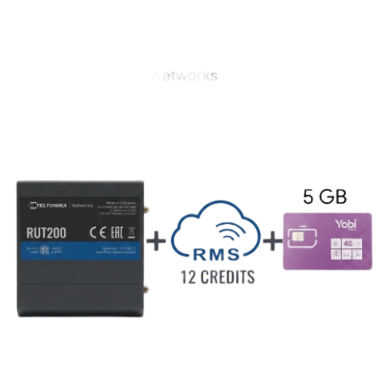 Router Teltonika LTE/4G RUT200 + 12 creditos RMS + SIM de YOBI de 5GB por Mes durante un año de servicio (solo datos) RUT200+1YRMS+5GBYOBI