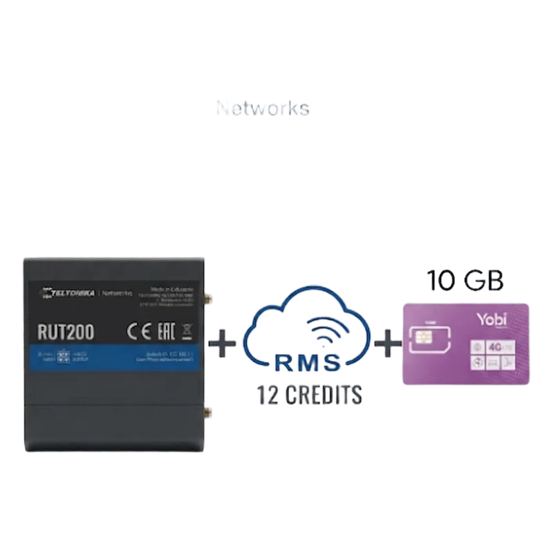 Router Teltonika LTE/4G RUT200 + 12 creditos RMS + SIM de YOBI de 10GB por Mes durante un año de servicio (solo datos) RUT200+1YRMS+10GBYOBI